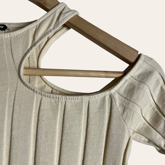 Monrow Flat Rib Asymmetric Ivory Long Sleeve Cut Out Top Size XS - Picture 6 of 9